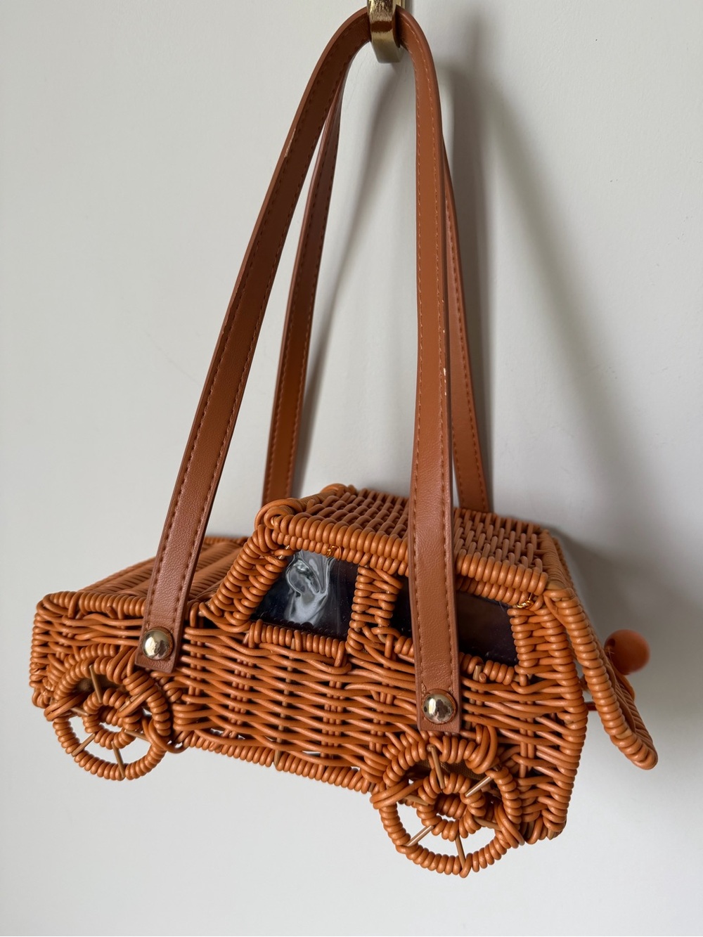 Brown Car woven rattan shoulder Bag